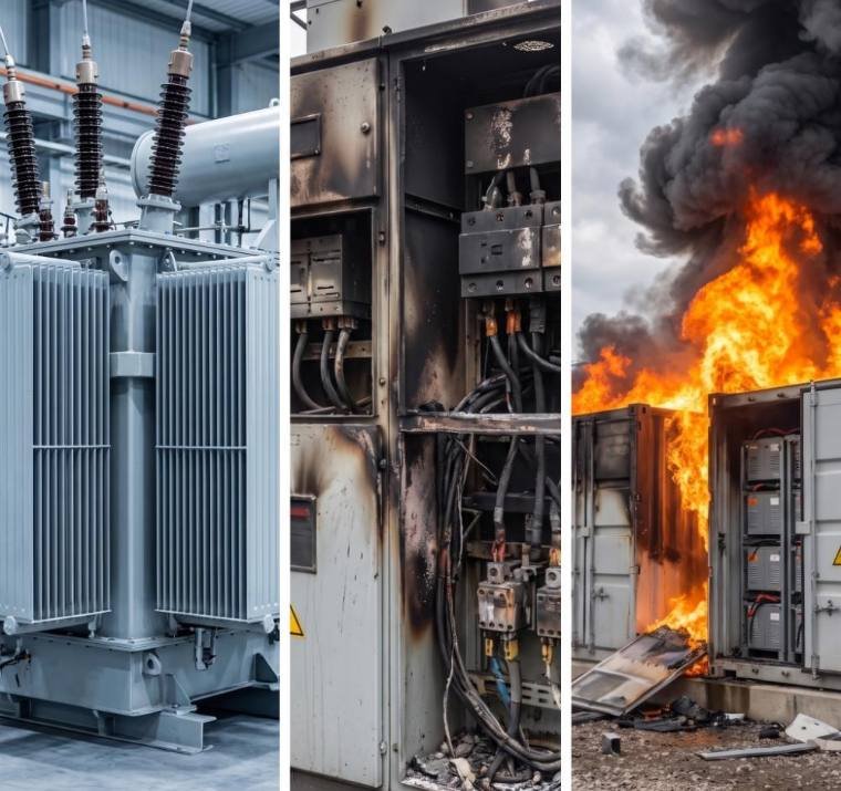 Transformer, fire-damaged switchgear and a battery storage container fire