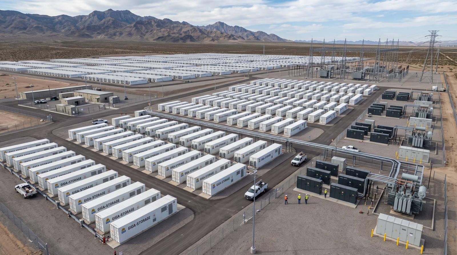 Utility-scale battery storage site with substation and transmission