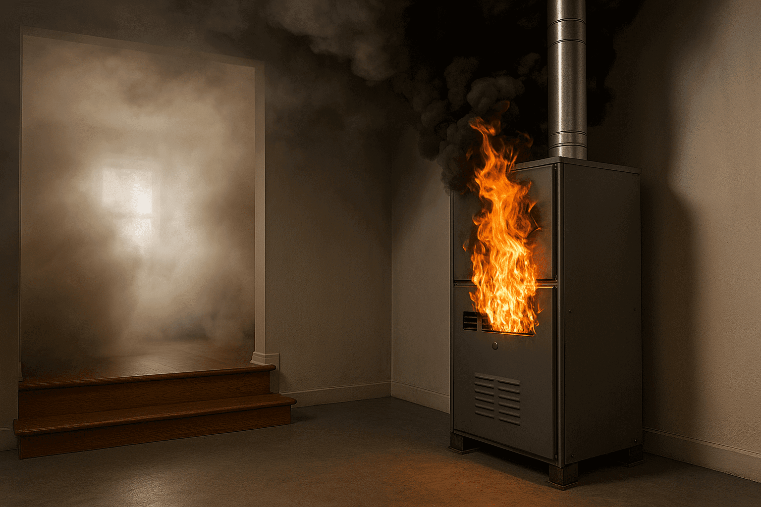 A house filled with smoke coming from a gas furnace