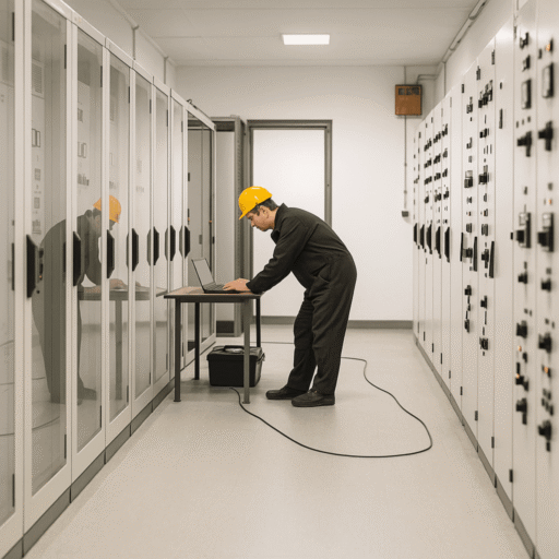 Link to Maintenance Services - Engineer performing switchgear maintenance in data centre
