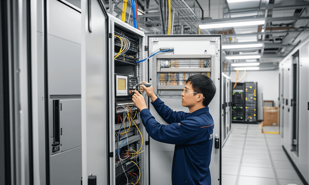 Commissioning engineer performing tasks within a data center
