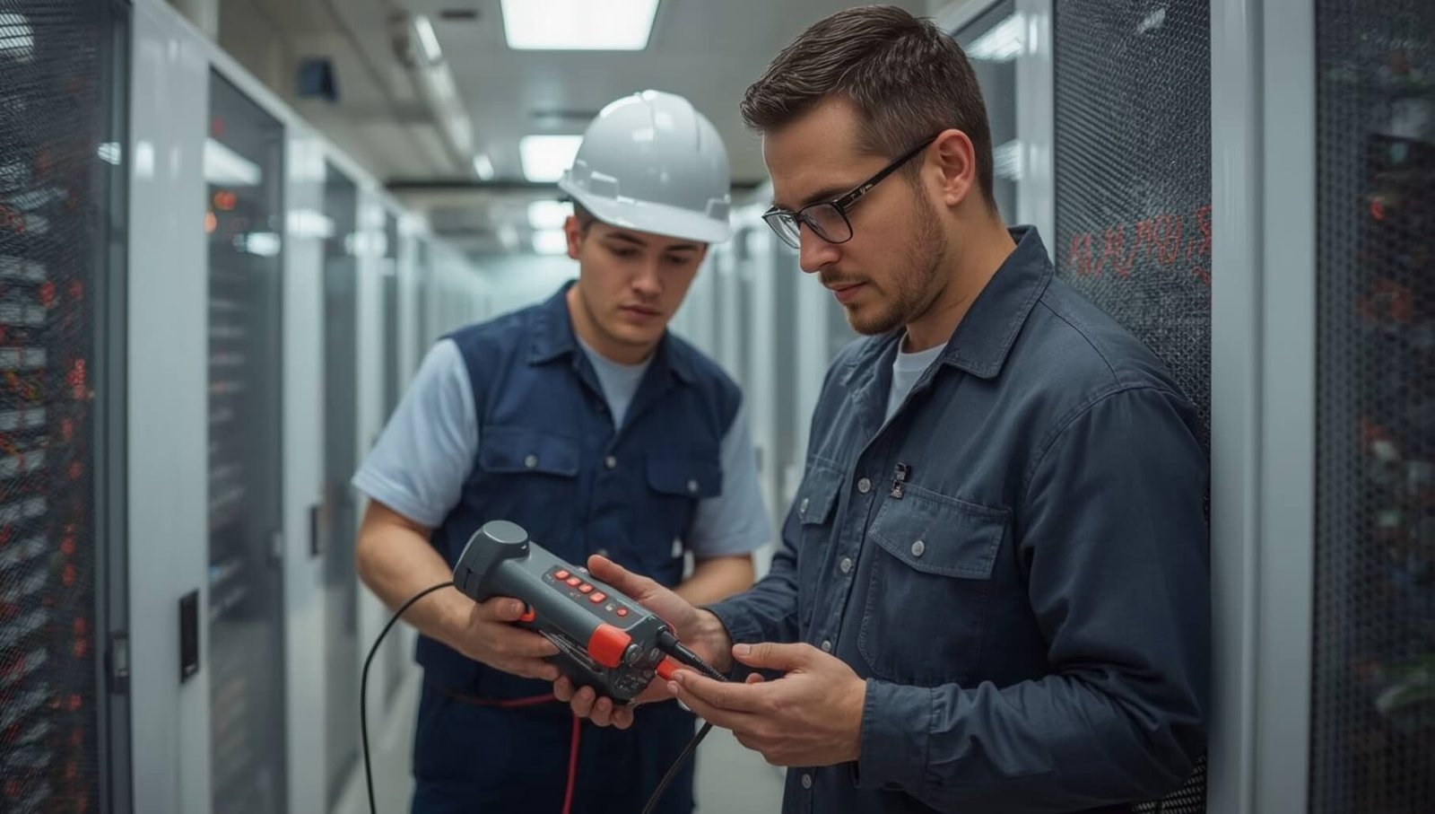 two technicians are testing electrical equipment holding testers