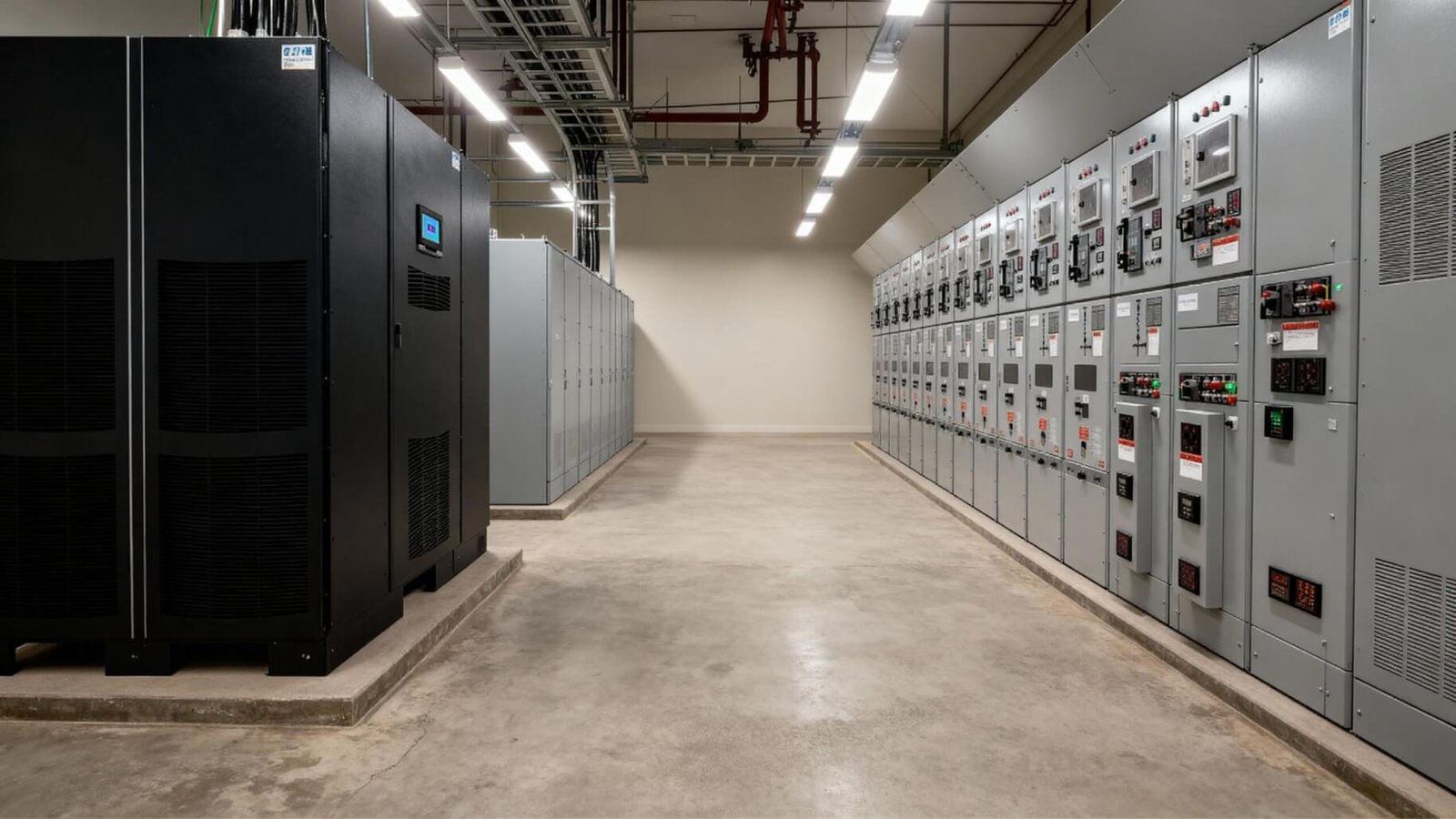 An electrical room housing switchgears and modern UPS units