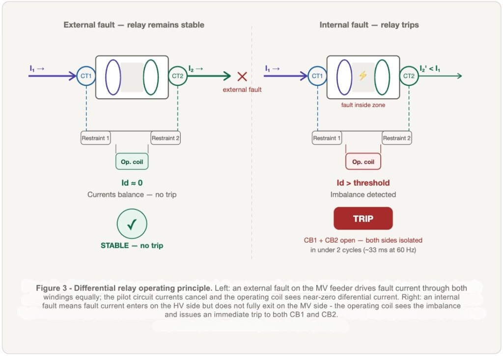 87T differential relay operating principle illustrating internal versus external transformer faults.
