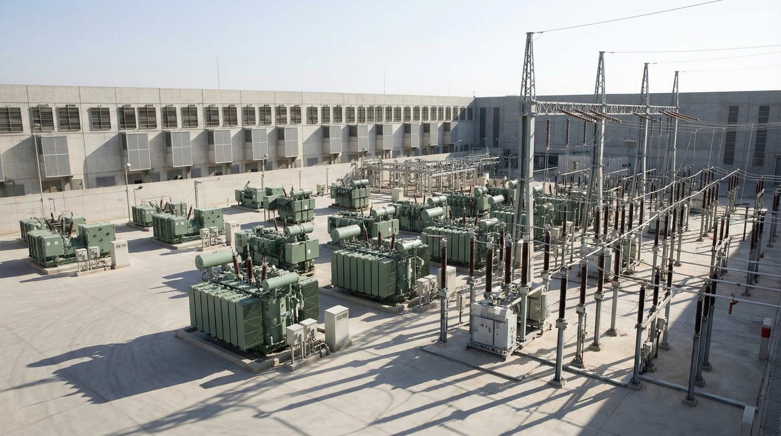 Utility-grade substation and medium-voltage transformer yard powering an AI data center.