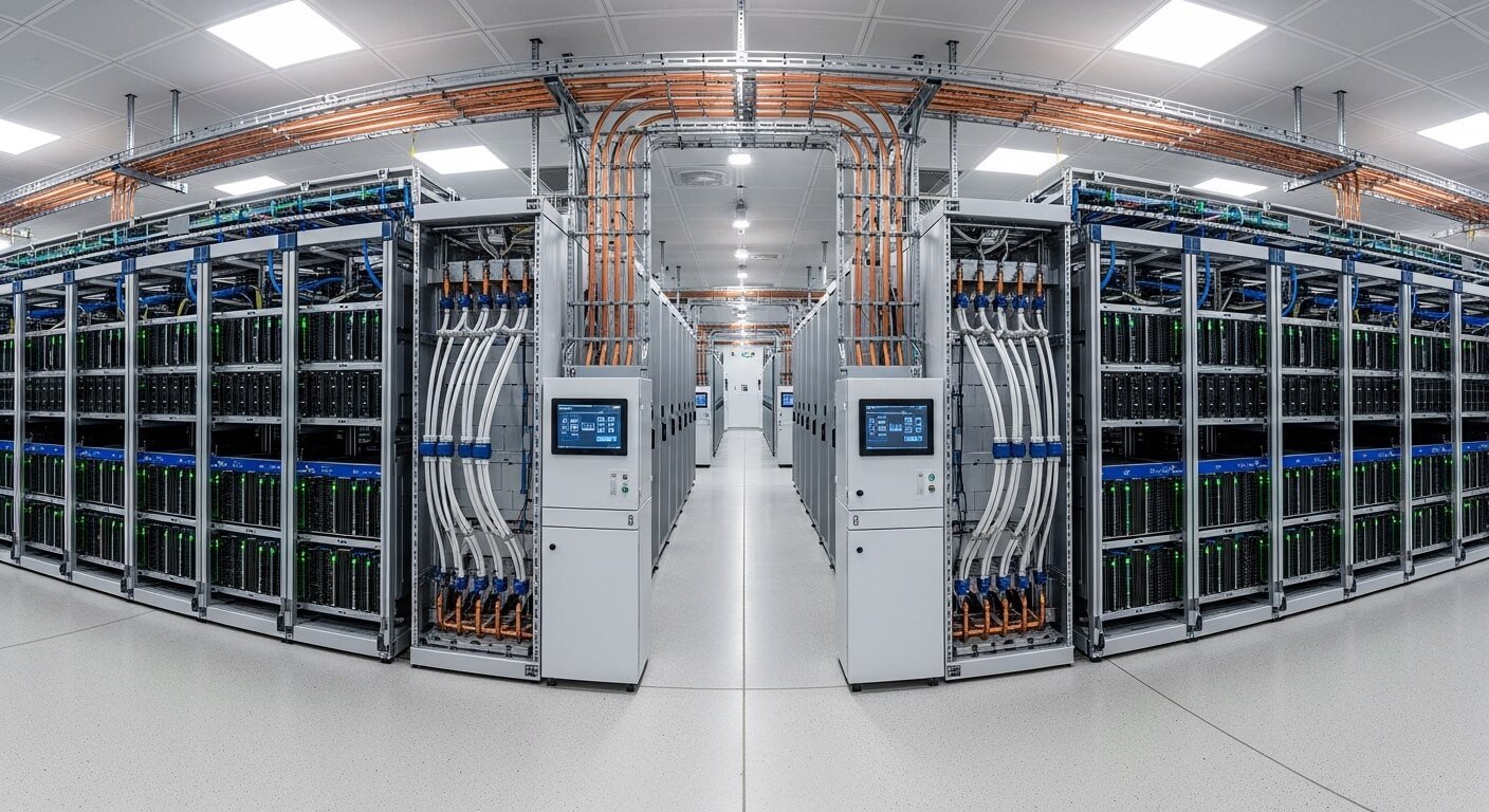 AI Data Center showing rolls of server racks in a modern AI data center