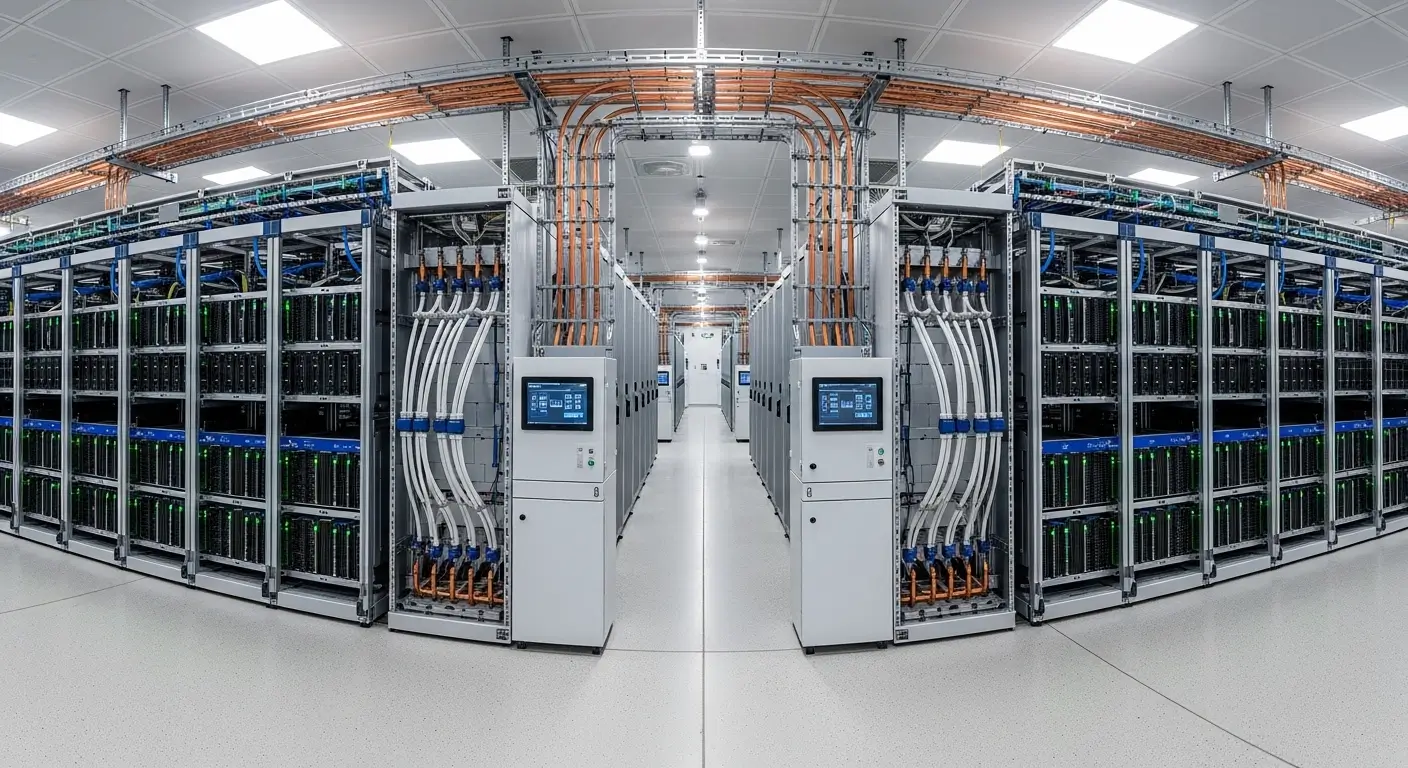 AI data centre hall with high-density server racks