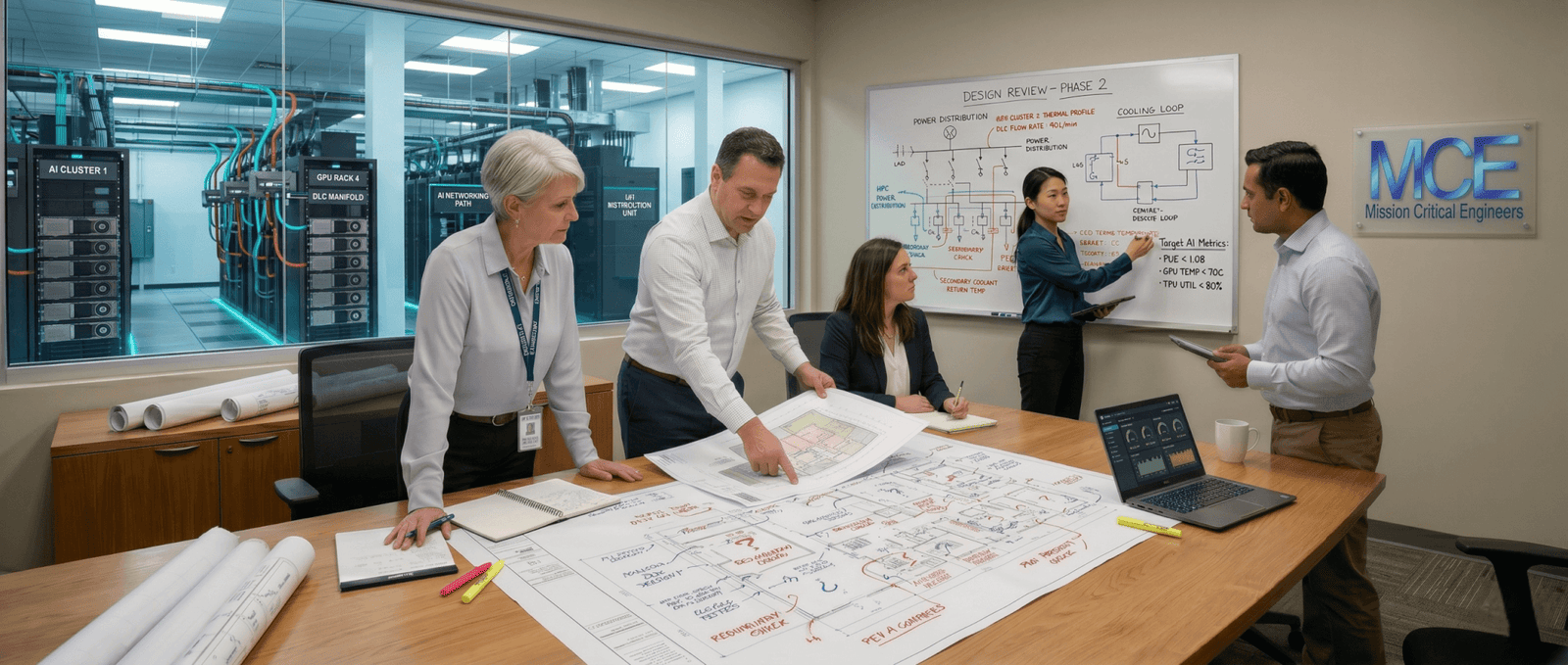 A group of engineers in a data centre design review meeting