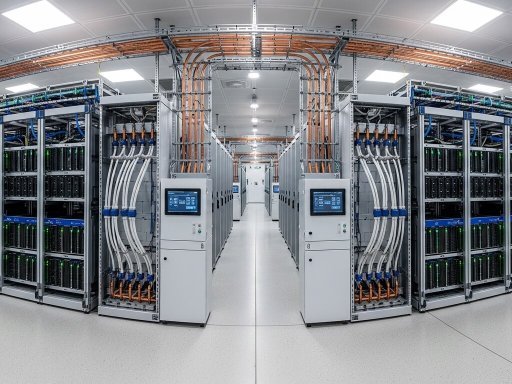 AI Data Center showing rolls of server racks in a modern AI data center