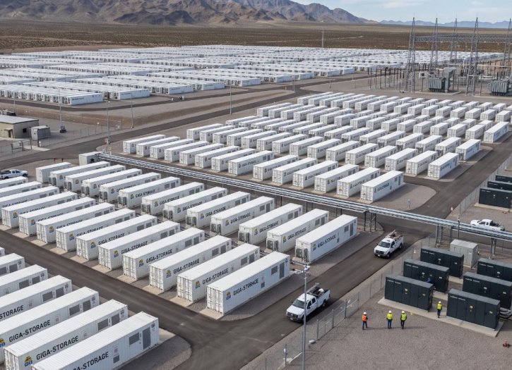 Aerial view of a utility-scale battery energy storage site with rows of containerised battery units, inverters and substation equipment.
